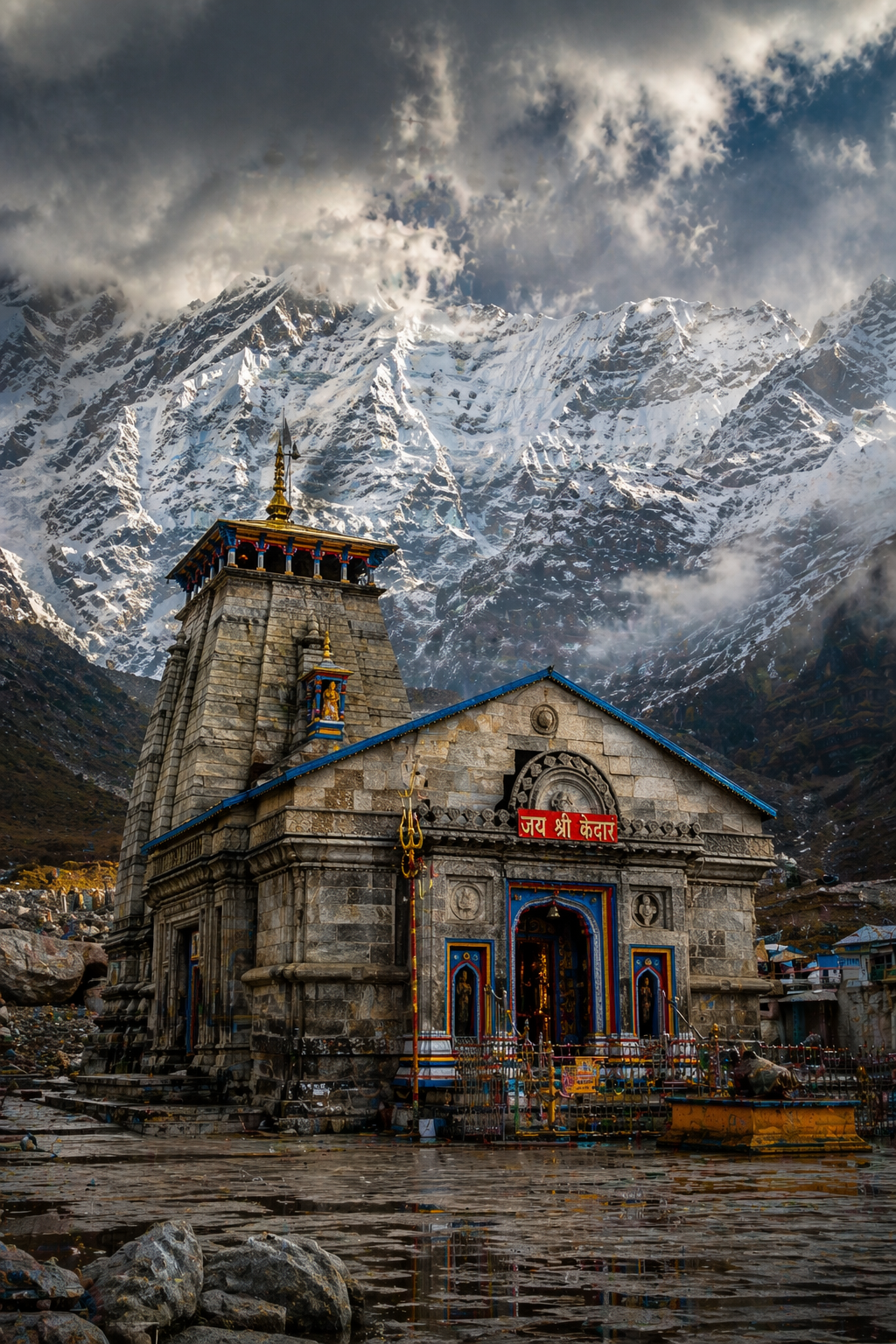 Kedarnath Temple ancient stone temple Himalayan peaks snow dramatic sky pilgrimage wallpaper